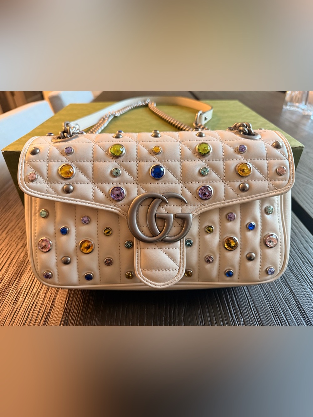 Gucci Crystal GG Marmont Small Shoulder Bag - White